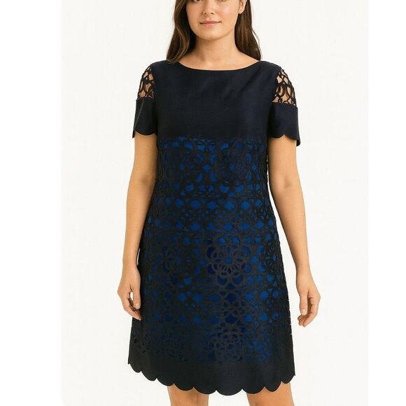Muse Black Blue Laser Cut Eyelet Dress Size 6 black and navy blue sheath dress - Picture 1 of 16